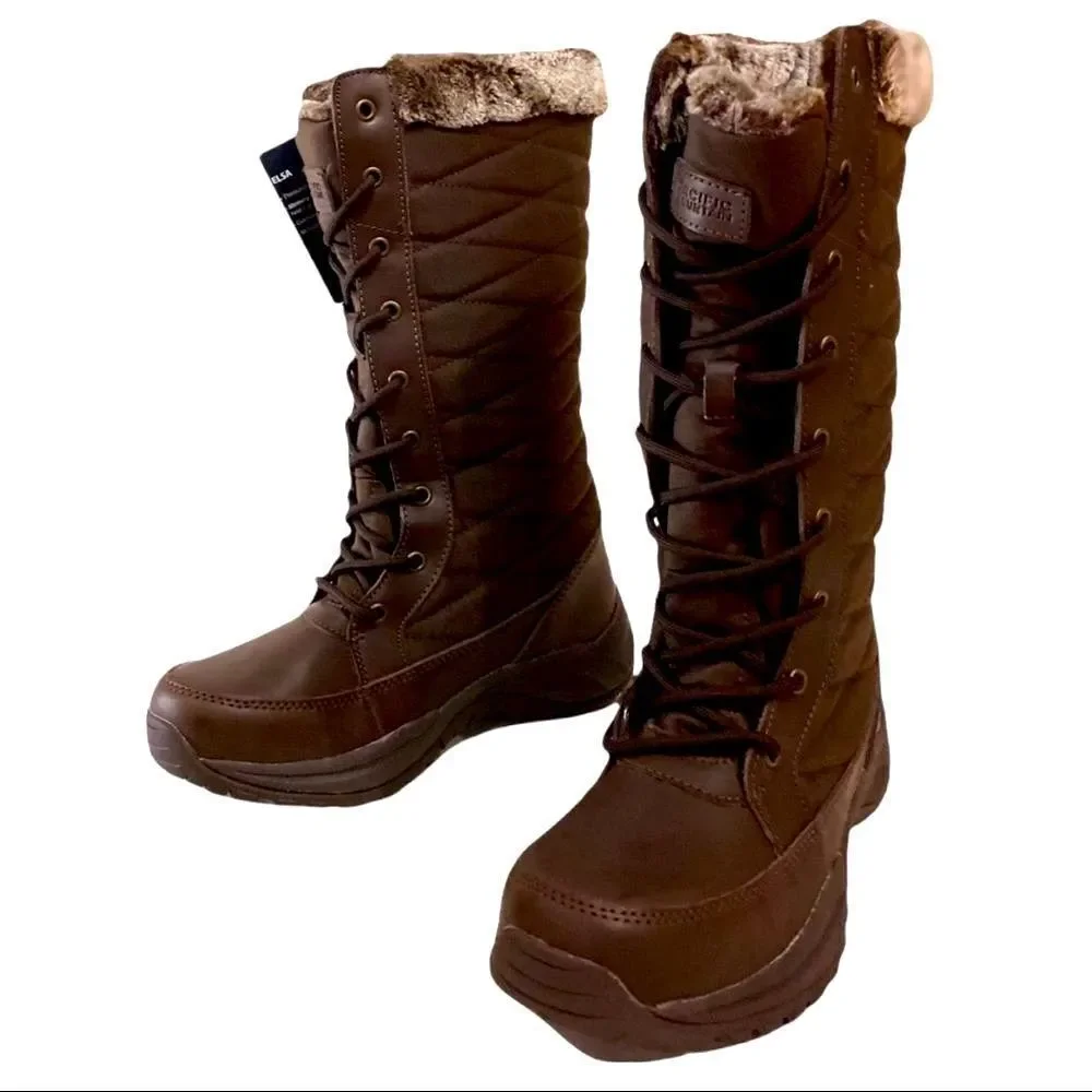 Brown Quilted Tall Lace Up Fur Trim Snow Winter Boots by Pacific Mountain NEW